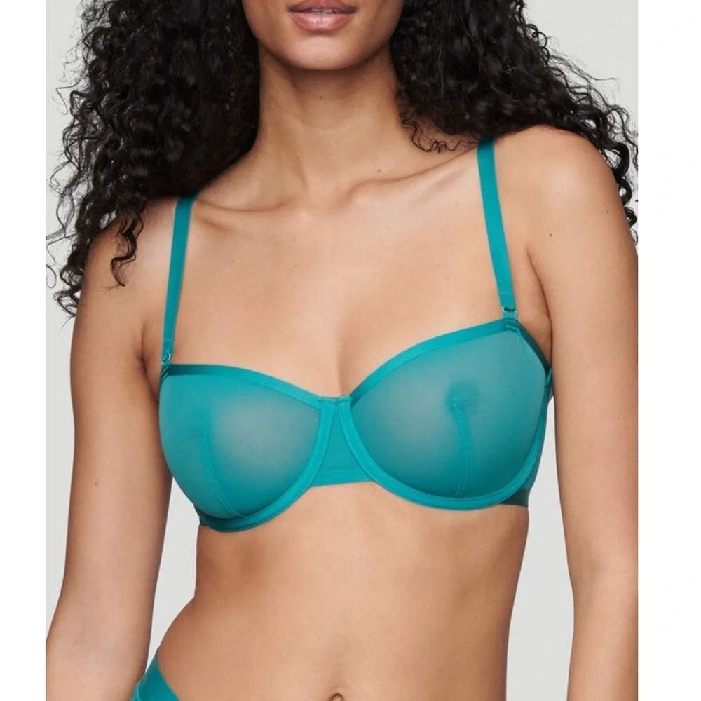 CUUP The Balconette Bra Teal Blue Sheer Mesh Underwire 40E Minimalist Gold Trim